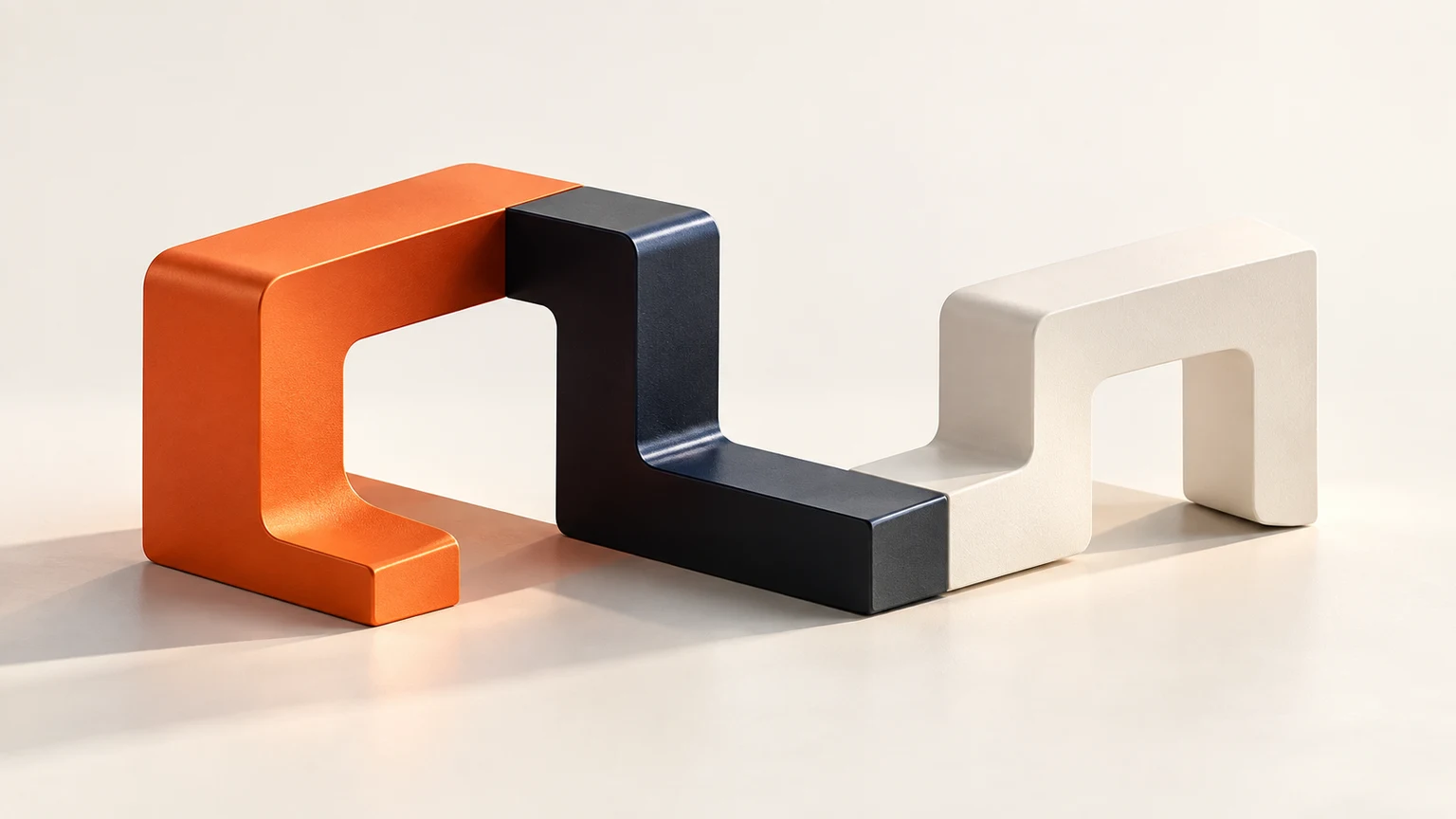 Orange, ink and warm-white sculptural modules forming one connected arrangement