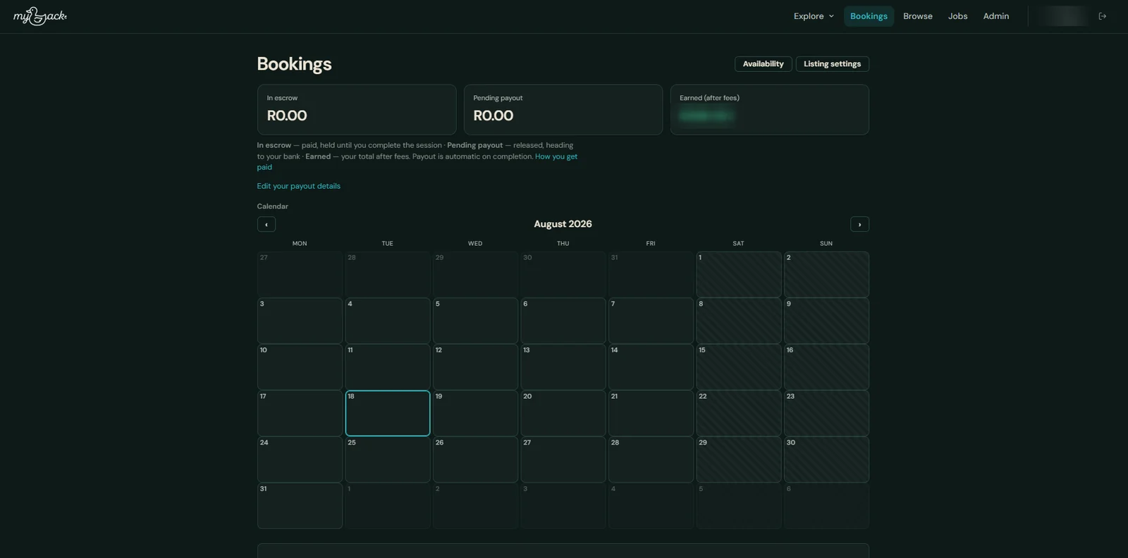 myQuack bookings and escrow dashboard