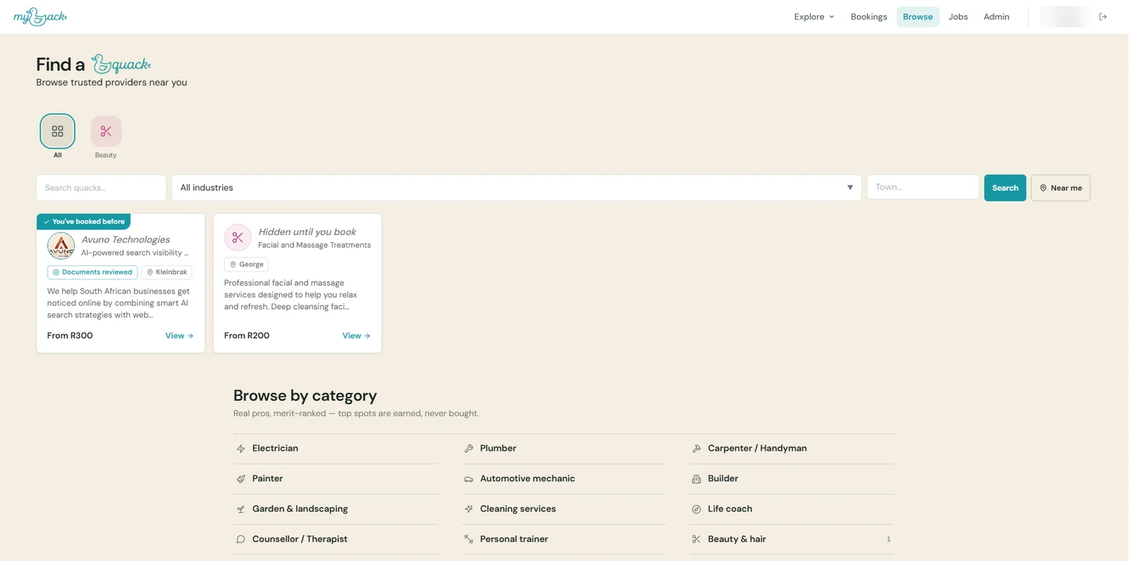 myQuack browse page in light theme
